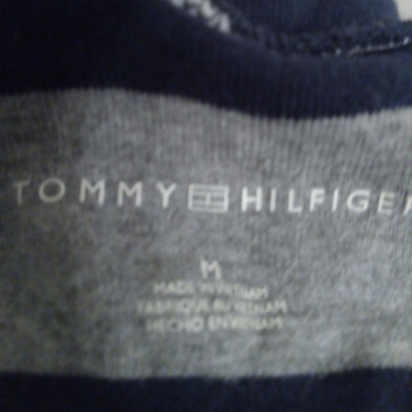 Medium Tommy Hilfiger Navy Blue Gray White Striped Longsleeve V Neck Top - Picture 4 of 4